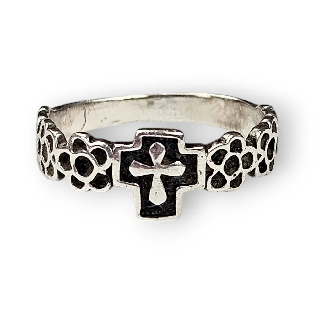 Sterling Cross Flower Band Ring Oxidized 925 Silver Religious Vintage Size 9.5